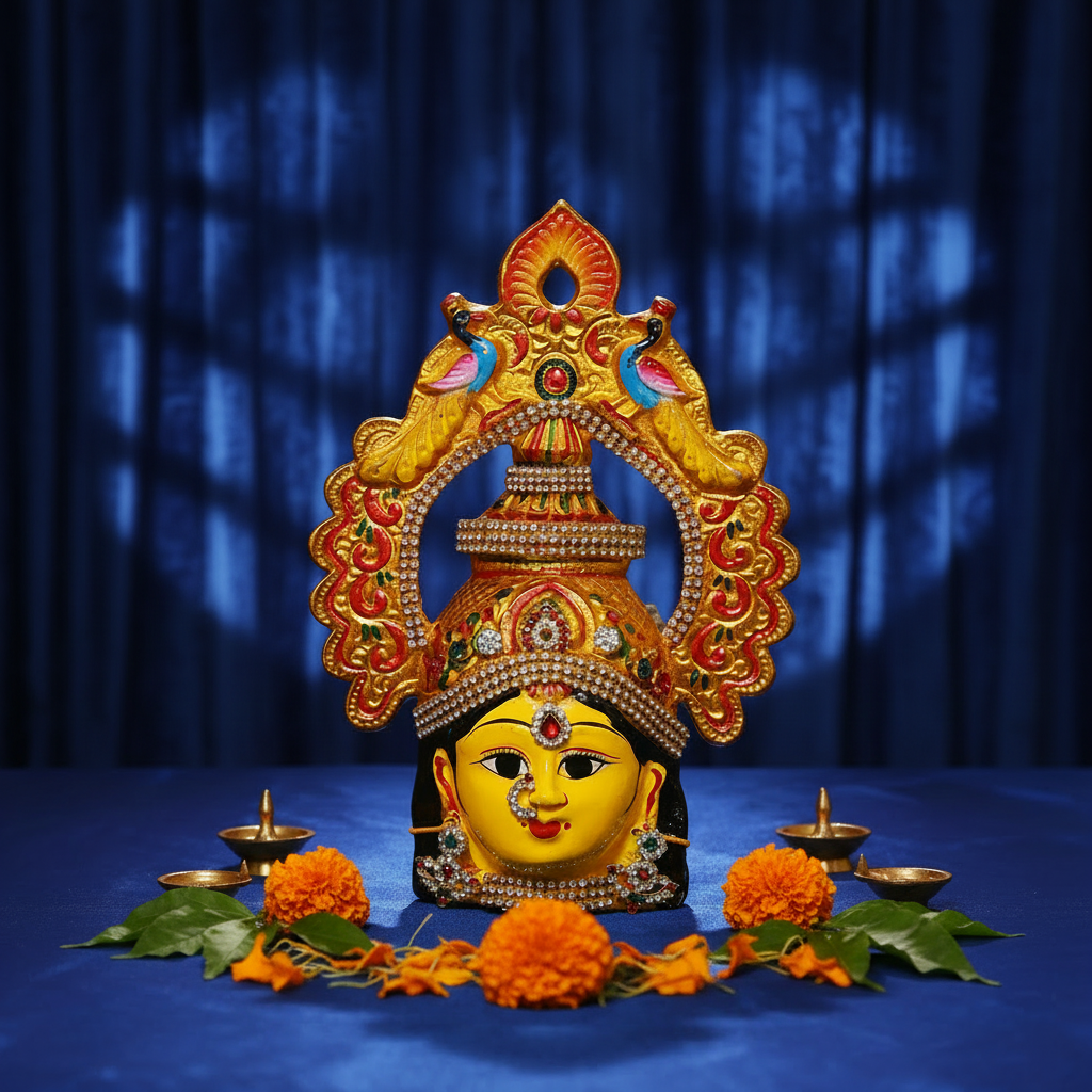 A decorative golden Lord Hanuman idol with a large ornate headdress, set against a dark red architectural backdrop with dramatic shadow patterns and a blue floor.