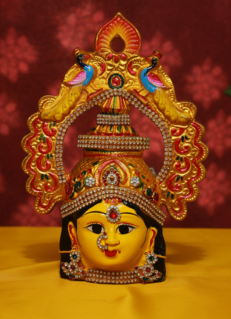 A decorative face of goddess Lakshmi with a golden complexion and a detailed, multicolored stone-embellished mor mukut (crown).