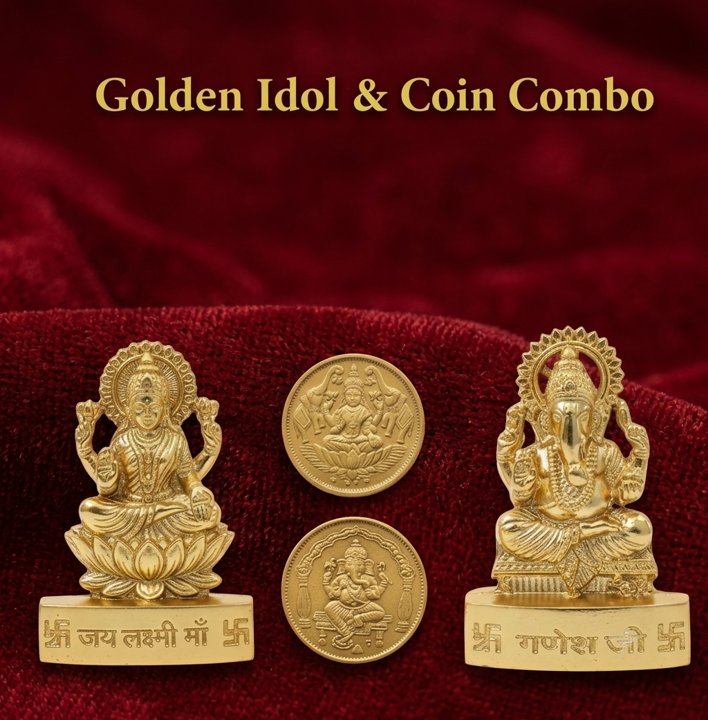 Brass Ganesh & Lakshmi Idols with Sacred Coin Combo