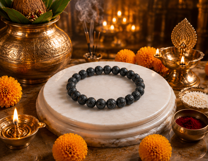 Collage of black beaded bracelets on a marble surface with decorative elements.