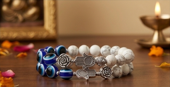 Collage of a bracelet with decorative elements on a wooden surface, featuring the brand 'Svasti'.