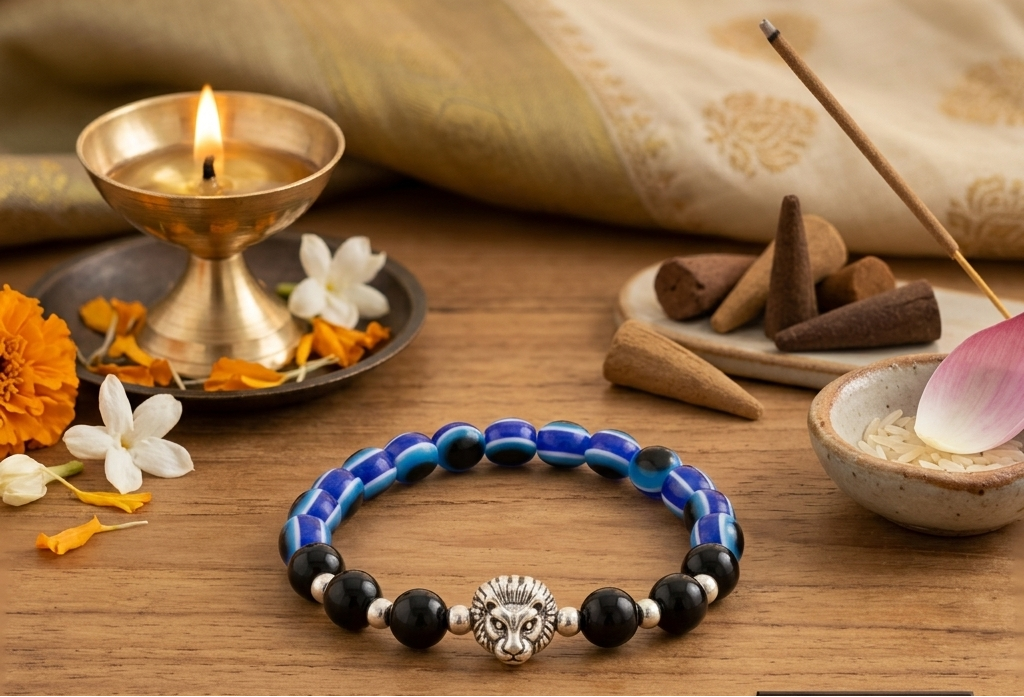 Bracelet with lion head charm on a wooden surface with decorative items, featuring the SVASTI brand.