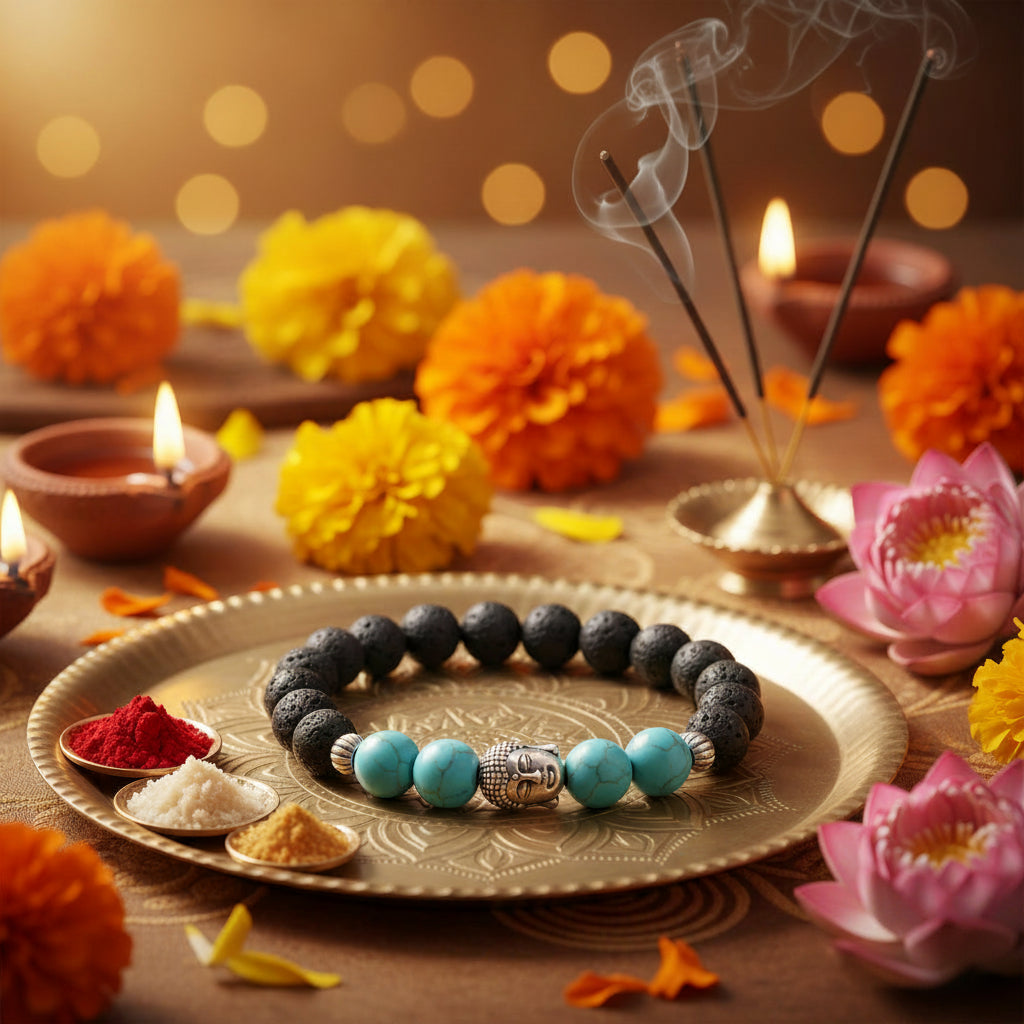 Bracelet with black beads, turquoise stones, and a Buddha charm on a white background