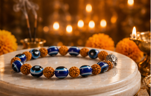 Collage of a beaded bracelet on a marble stand with decorative elements and lighting.
