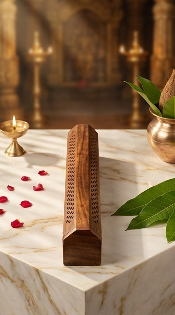 Triptych of incense burners on a marble surface with flowers and petals.