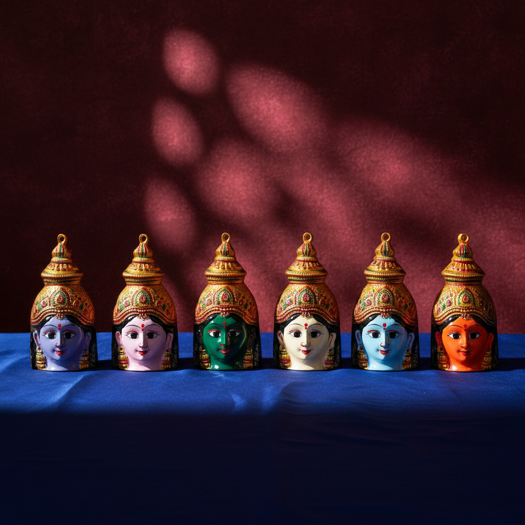 Eight miniature decorative figurines shaped like stylized female faces with ornate gold headdresses, arranged in two rows of four on a dark gray gradient background. The faces are painted in different colors: blue, pink, cream, green, green, red, light blue, and red.