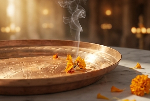 Decorative brass plate with intricate designs on a marble pedestal, surrounded by candles and flowers.