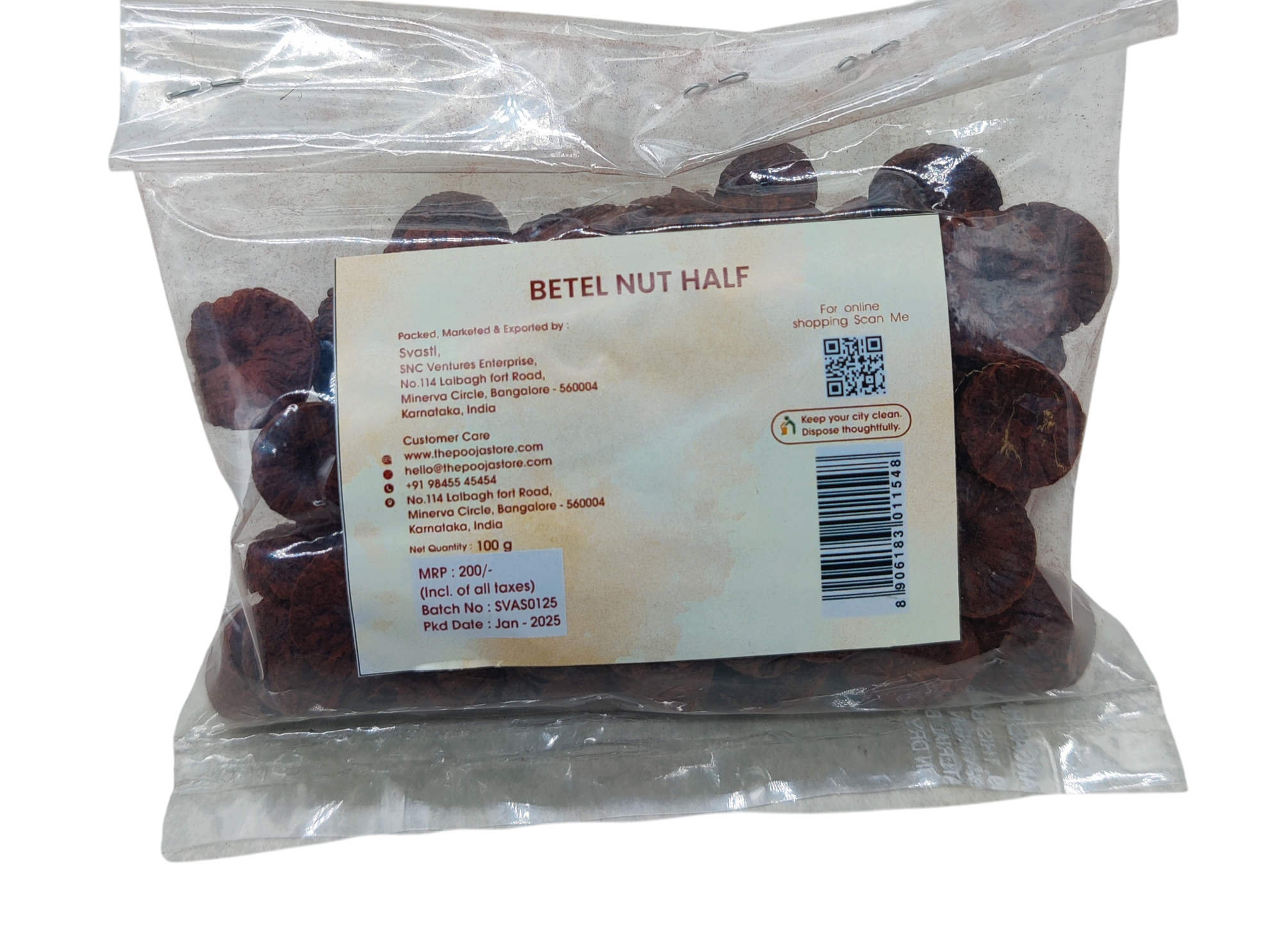 Packaged betel nuts with a label on a white background