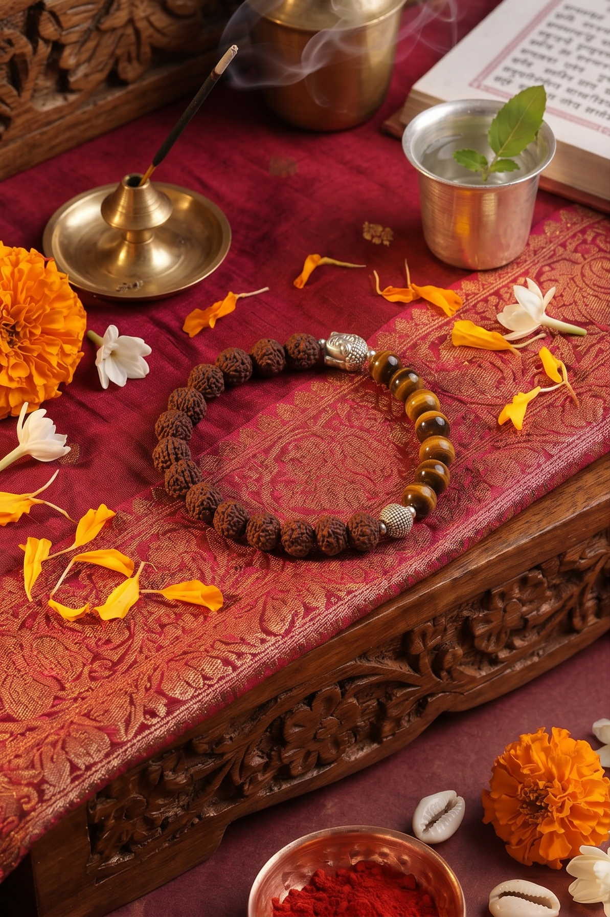 Collage of decorative items including a bracelet, diya, and statue on a textured surface.