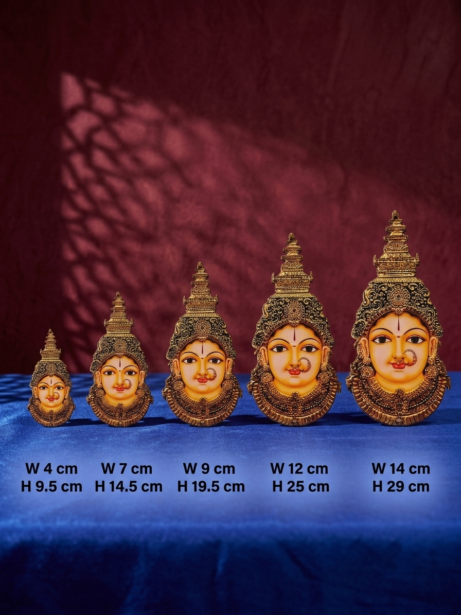 Five gold-toned Lord Hanuman idol statues of different sizes arranged in ascending order on a blue cloth, with size measurements printed below each statue against a dark red background.