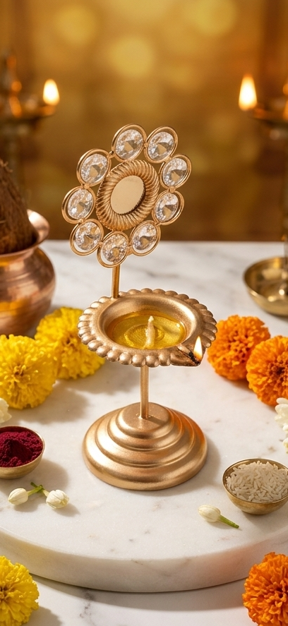 Premium Flower Design Crystal Diya