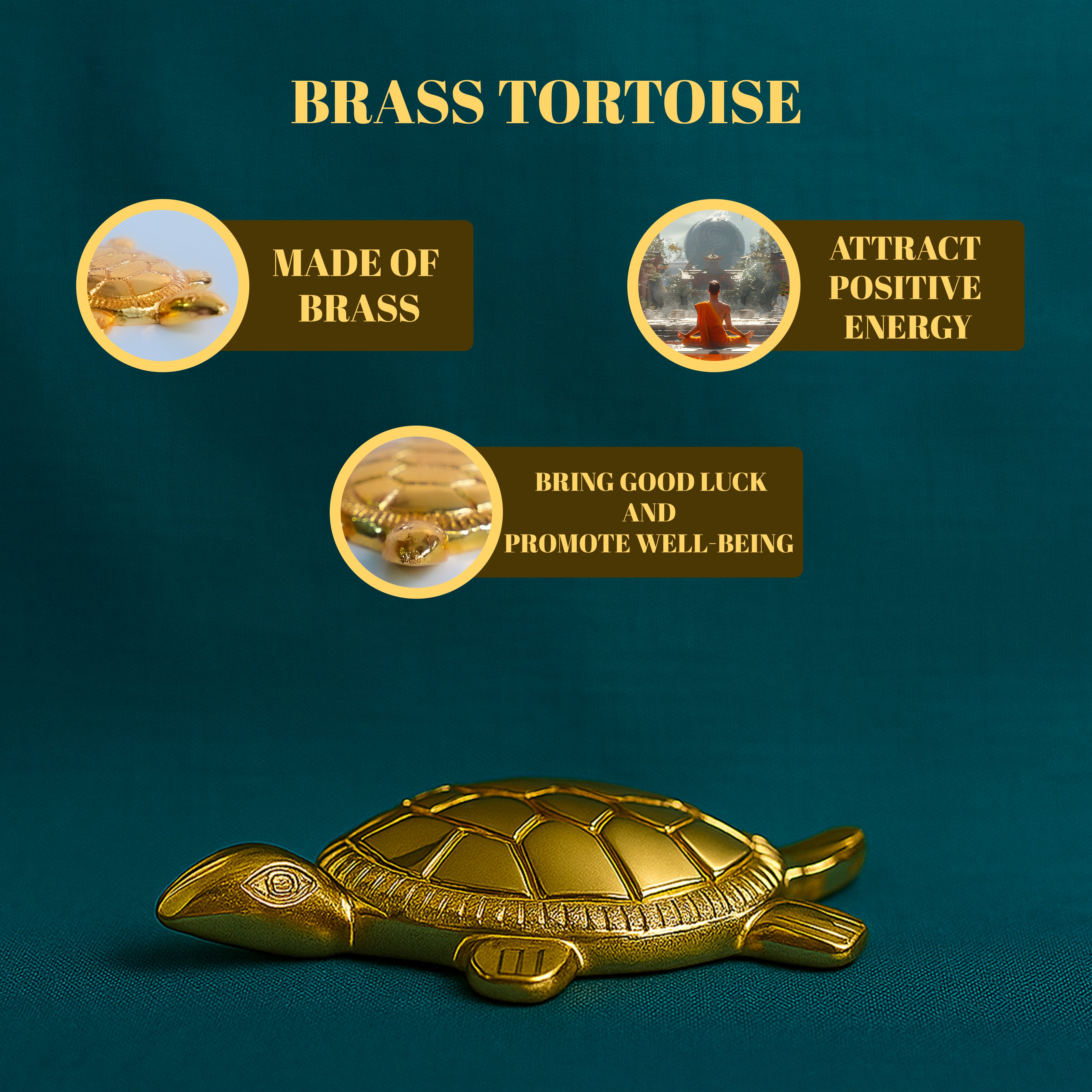 Brass tortoise with features highlighted on a dark blue background