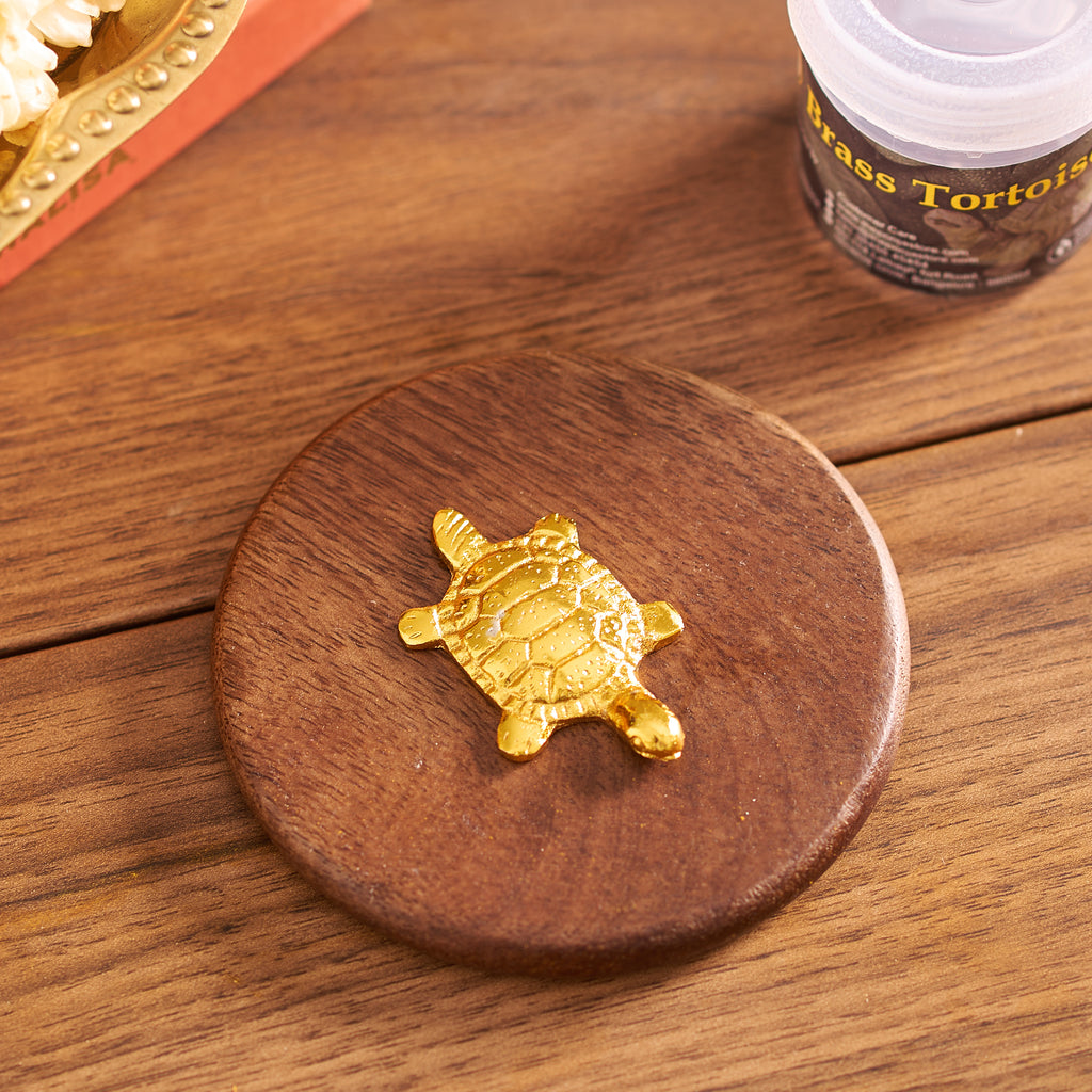 Gold turtle figurine on a wooden coaster with a bottle of 'Brass Tortoise' in the background.