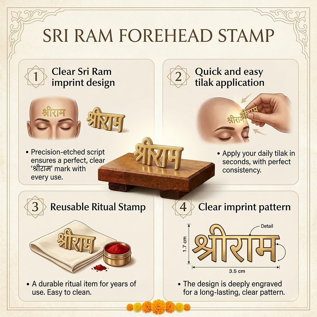 Sri Ram Forehead Stamp with features and usage instructions on a beige background