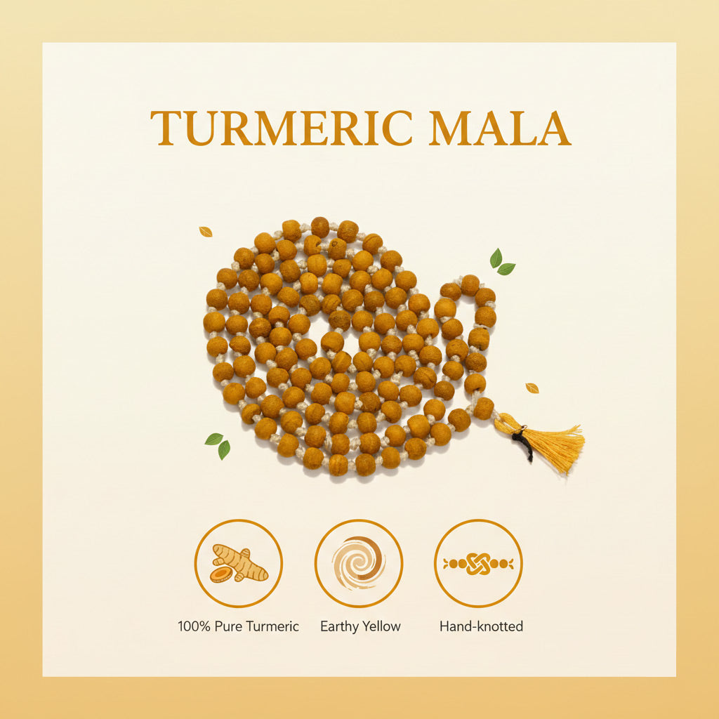 Turmeric mala with product details on a beige background