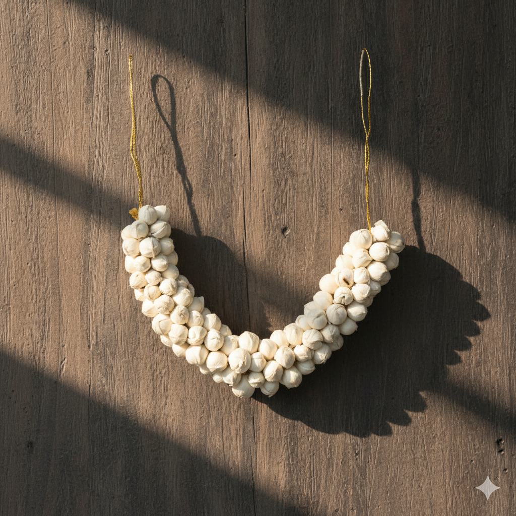 White beaded necklace hanging against a wooden background