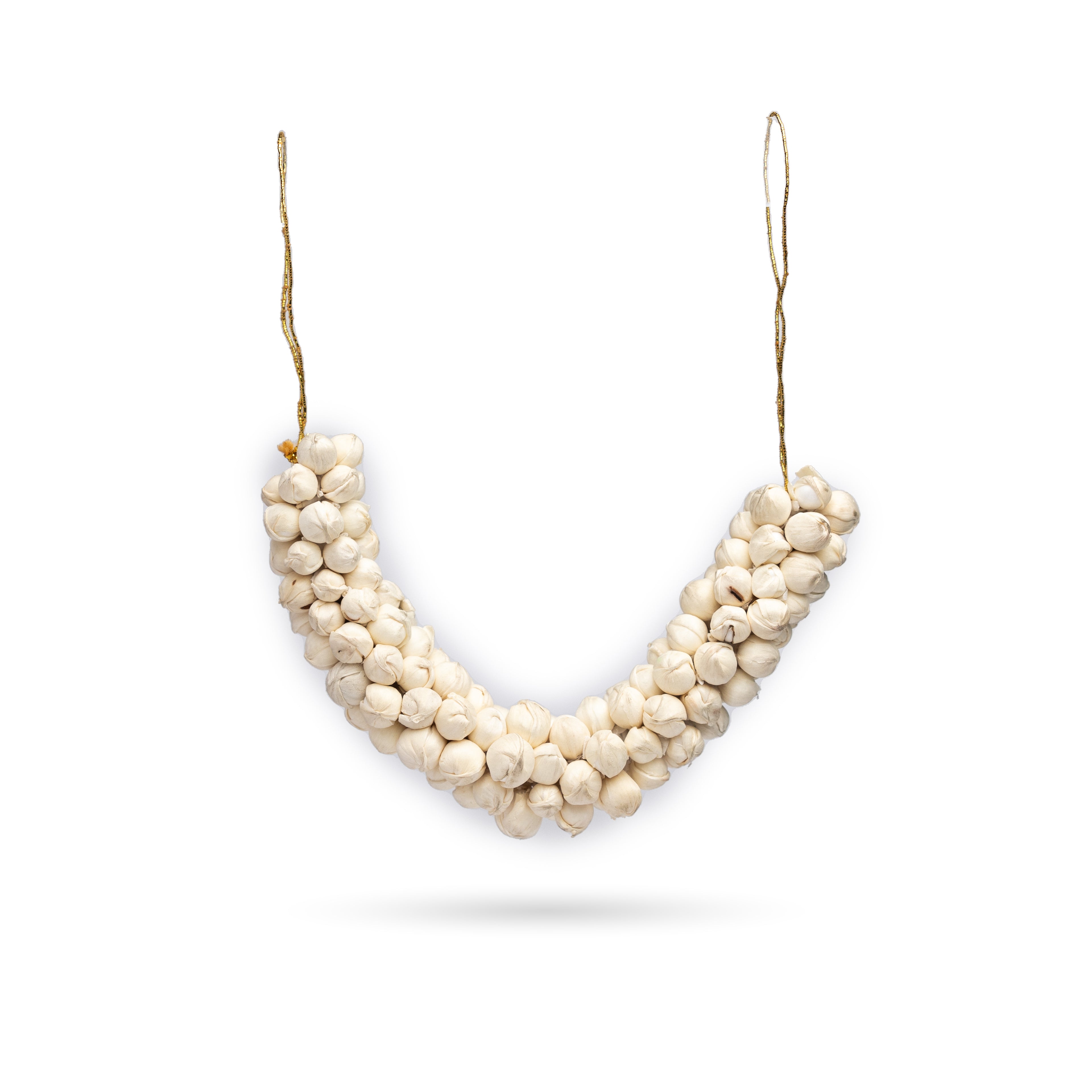 White beaded necklace on a white background