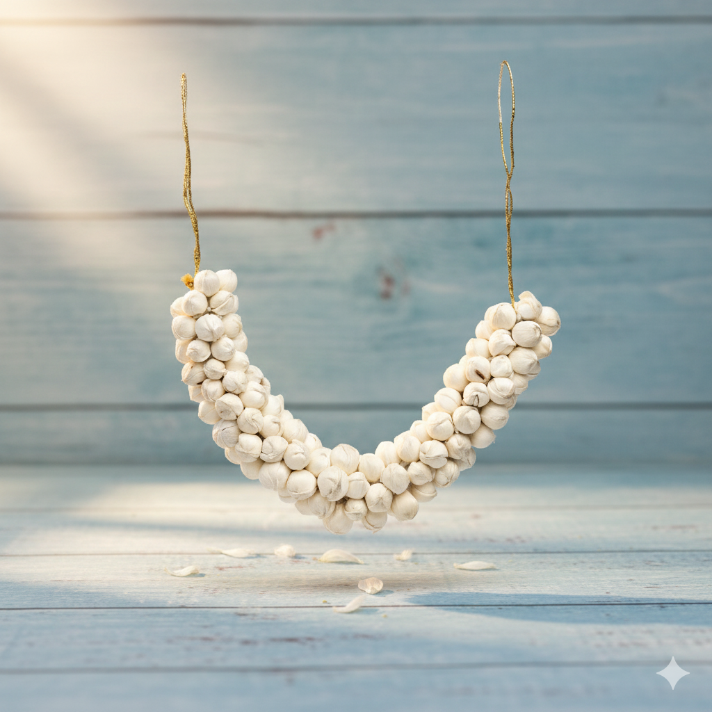 White beaded necklace hanging against a wooden background
