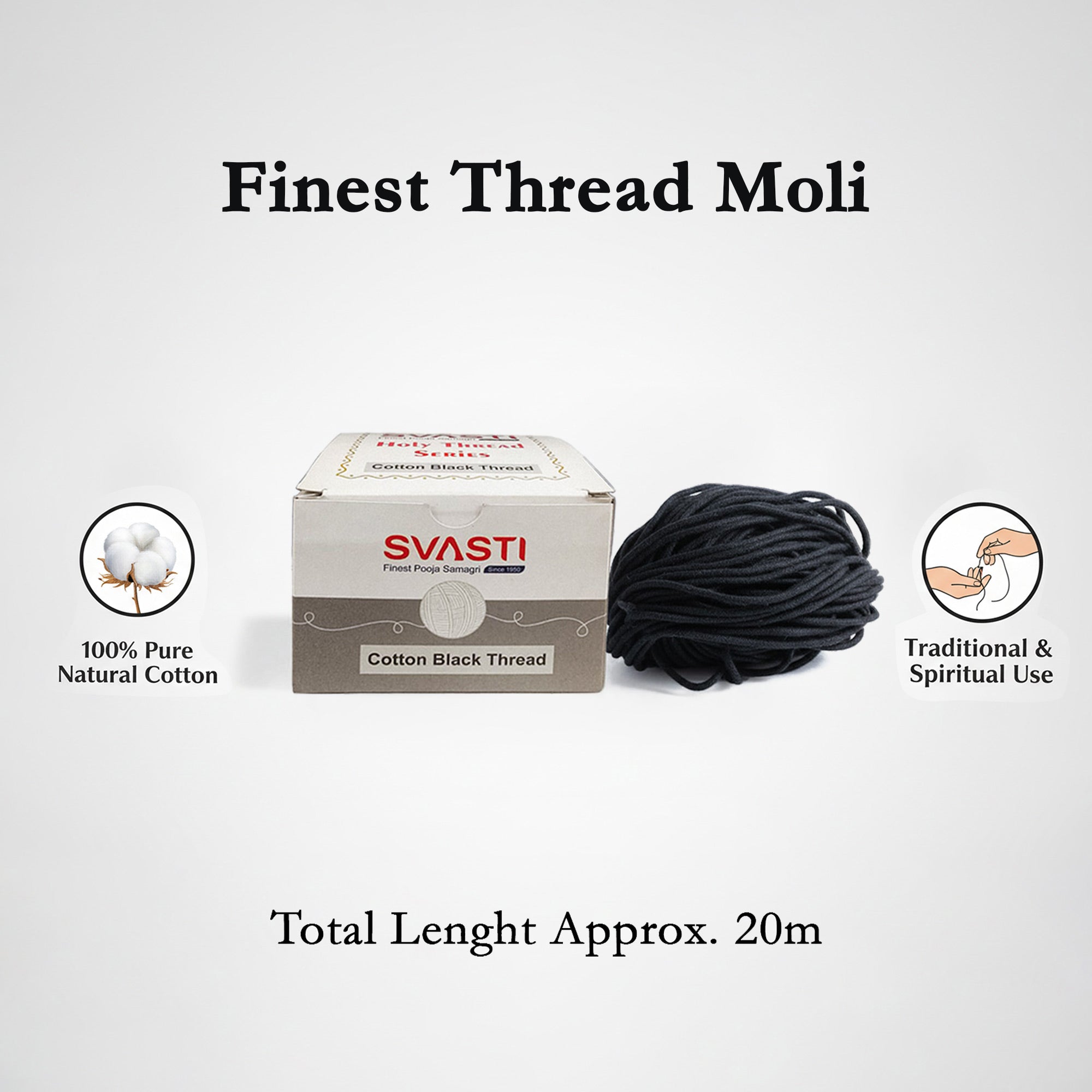 Box of SVASTI Finest Thread Moli with black thread on a white background