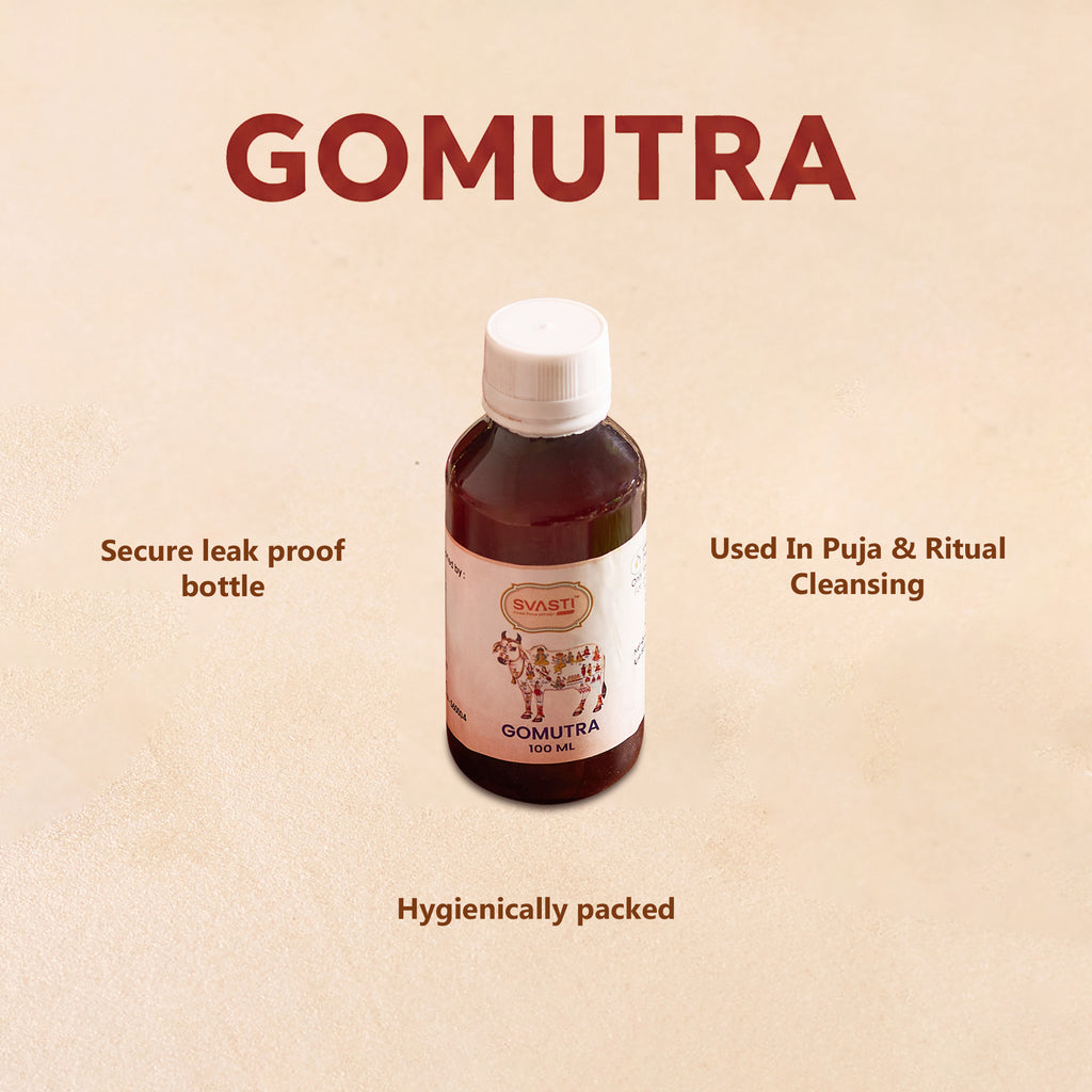 Bottle of Gomutra with text on a beige background