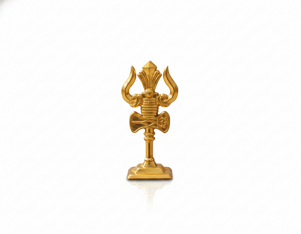 Gold-colored trident on a white background