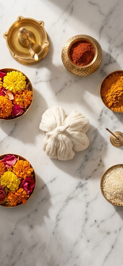 Decorative setup with marigold flowers, incense sticks, and a marble surface.