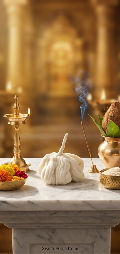 Decorative setup with marigold flowers, incense sticks, and a marble surface.