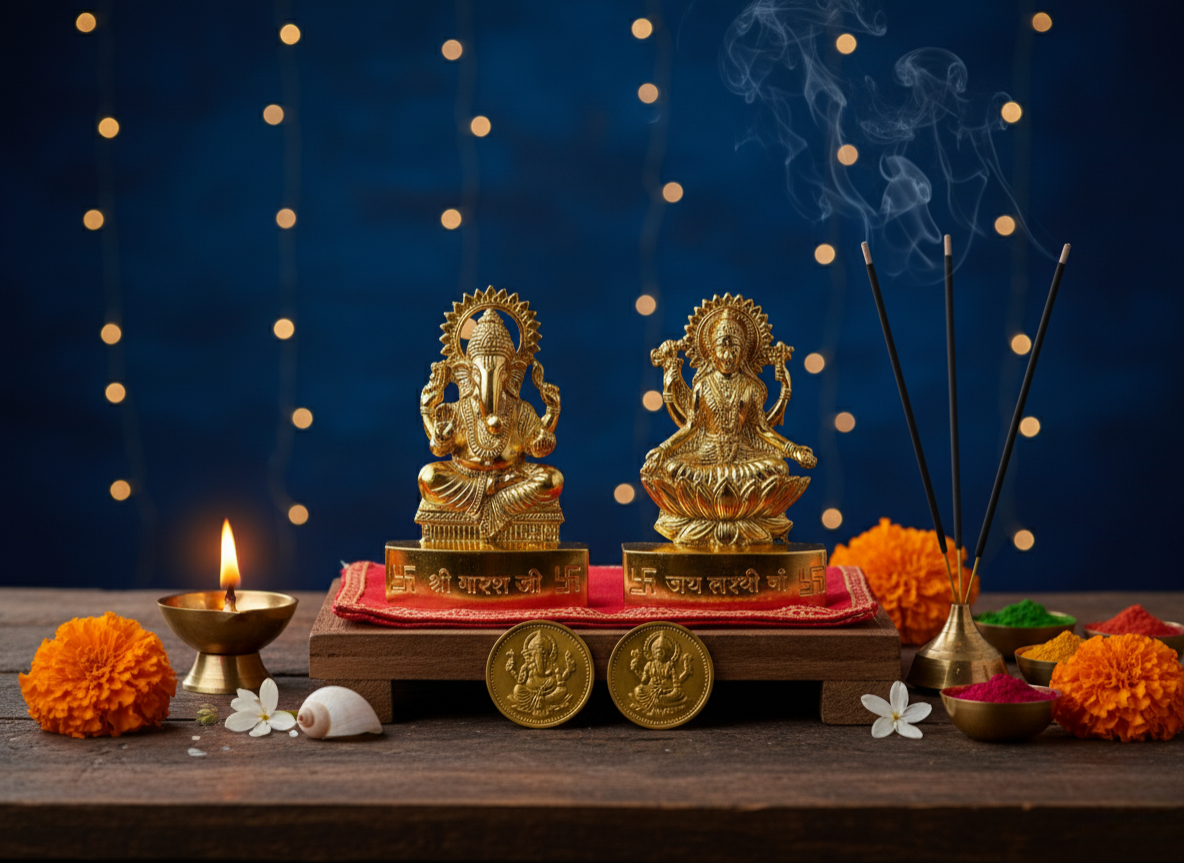 Gold statues on a wooden platform with flowers, candles, and incense sticks against a dark blue background.