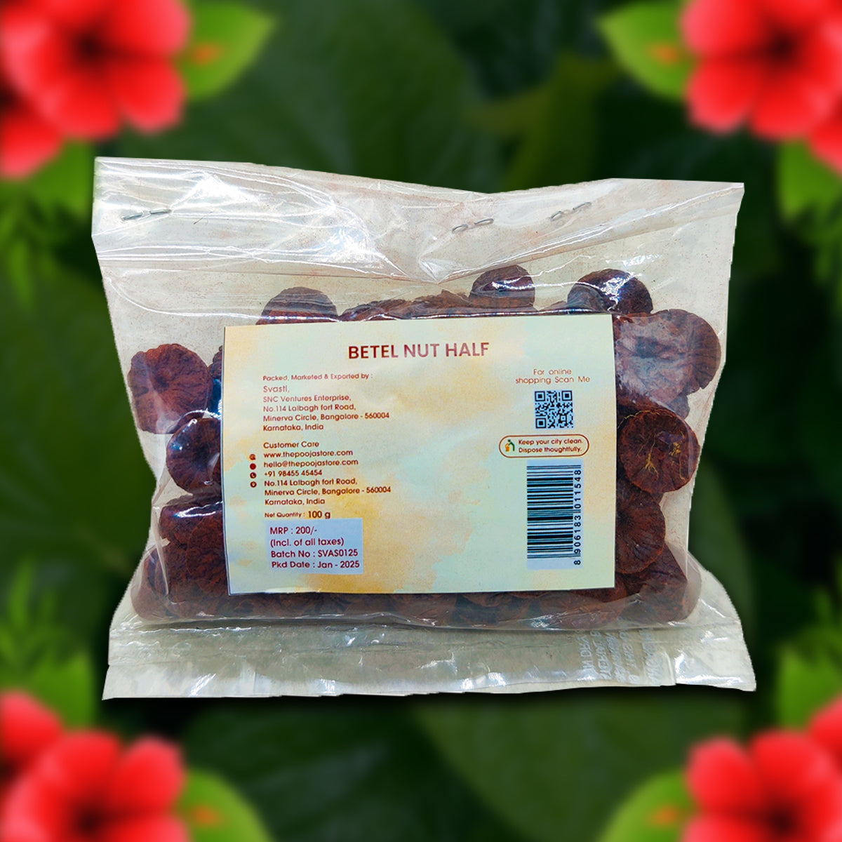 Packaged betel nuts with a label on a floral background