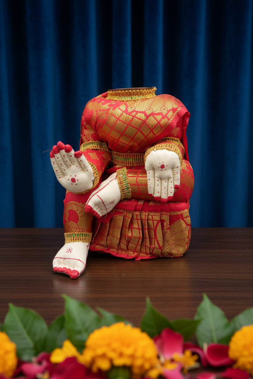 A decorated idol of a female figure with a red and gold kanchivaram silk sari, primarily used for religious and festive purposes.