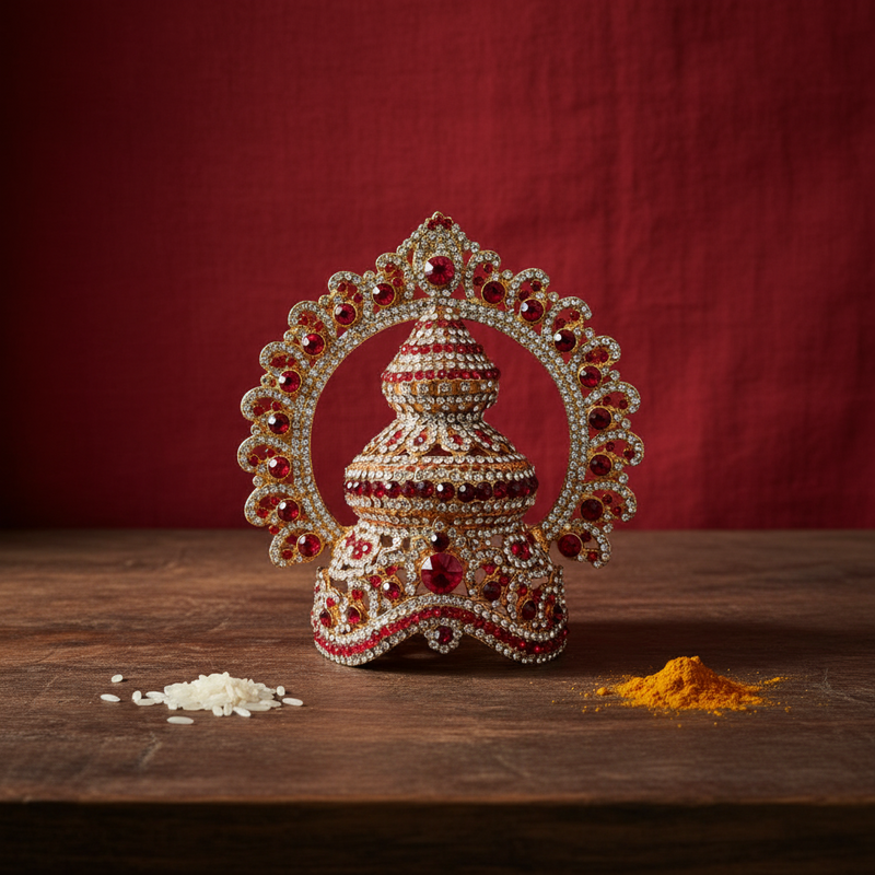 An ornate gold-toned jewelry piece featuring a tiered central structure and a circular halo, heavily embellished with red gemstones and clear rhinestones, set against a dark gray gradient background.