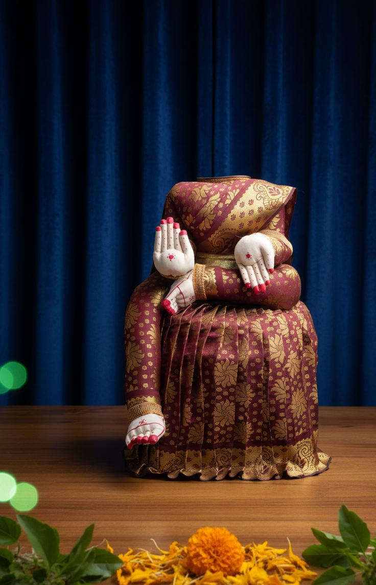 A non-face Devi idol with hands and legs, draped in Kancheepuram silk and painted hand-held Devi worship items.
