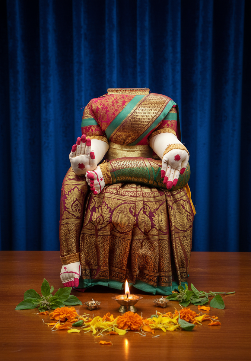 A decorative idol of a female deity with a green and red sari, white hands, and feet, seated on a bench.