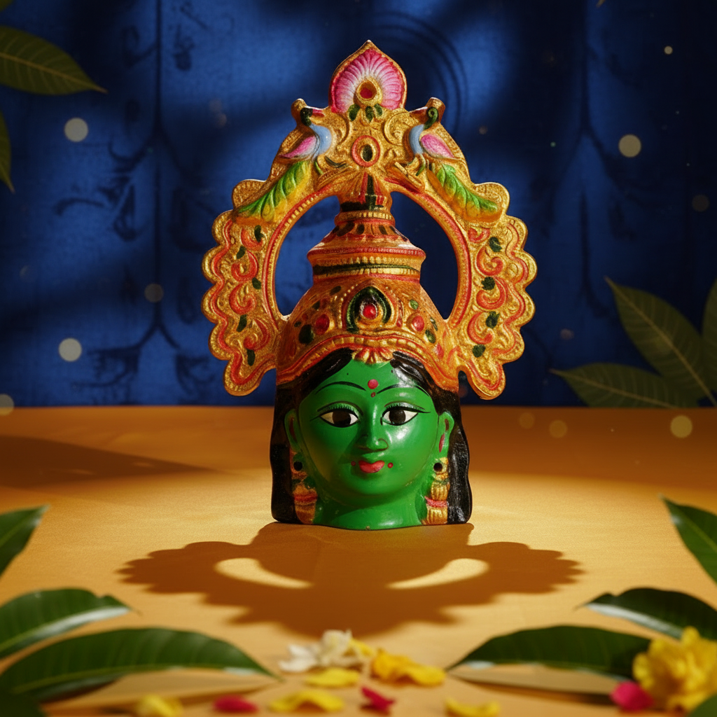 A decorative green goddess head statue with an ornate gold crown and colorful floral details, set against a red backdrop with leaf motifs and warm golden lighting.