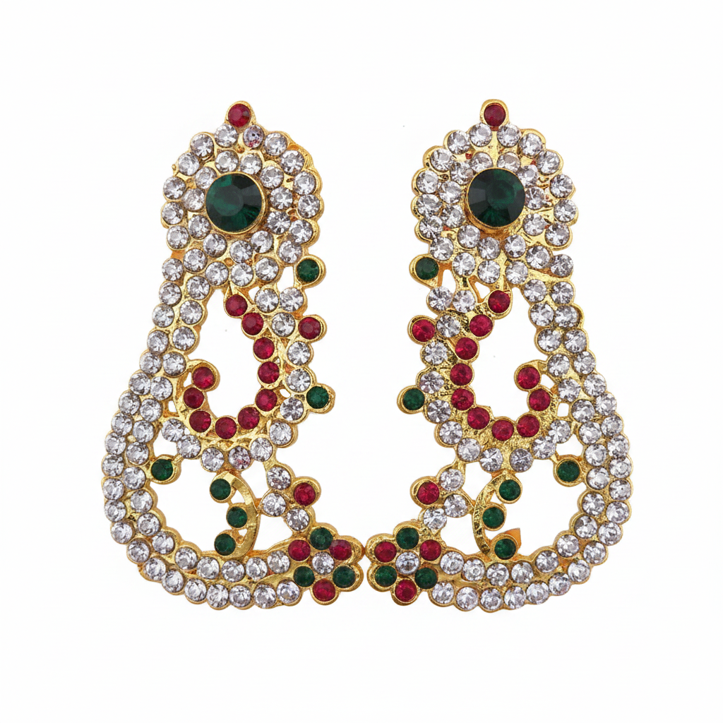 A pair of gold-toned earrings adorned with multicolored gemstones, displayed against a purple background.