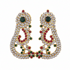 A pair of gold-toned earrings adorned with multicolored gemstones, displayed against a purple background.