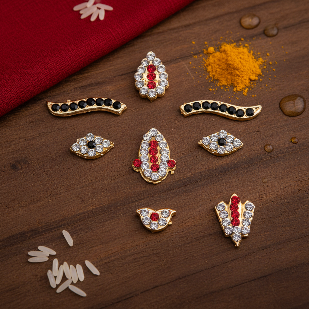 Gold-plated Hamsa hand charms embellished with clear crystals and red or black stones, arranged on a dark wooden surface with a red cloth, turmeric powder, and rice grains.