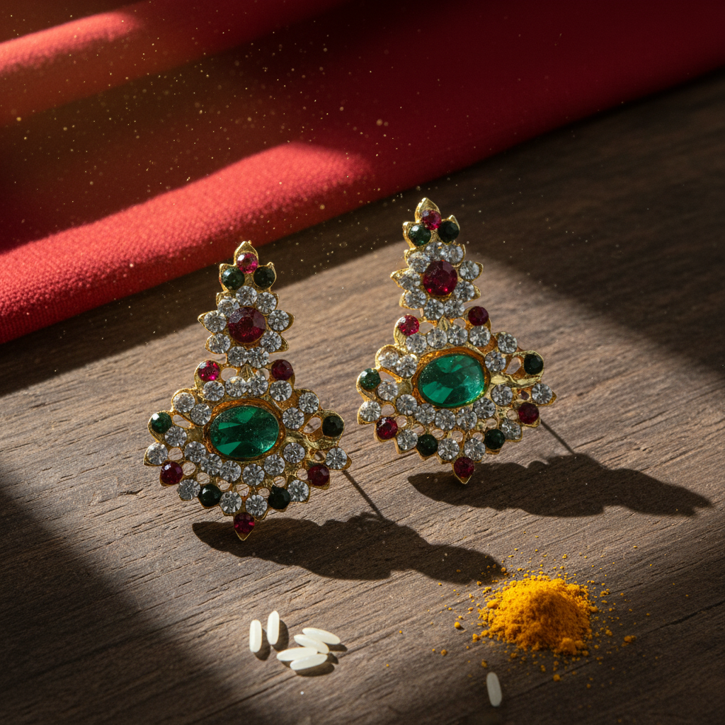 A pair of earrings with red and green stones set in gold-colored metal casing, designed for use in religious ceremonies.
