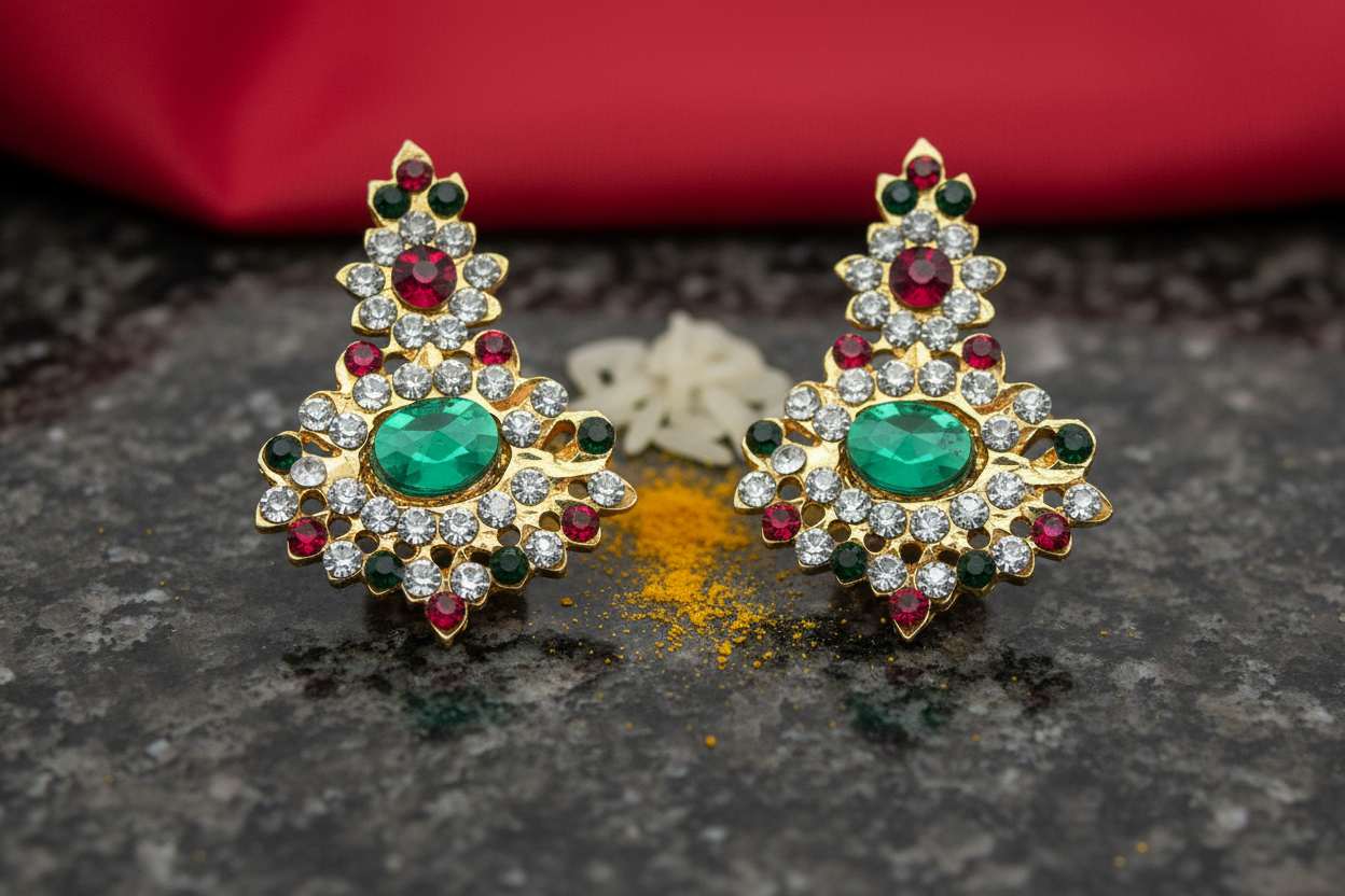 A pair of earrings with red and green stones set in gold-colored metal casing, designed for use in religious ceremonies.