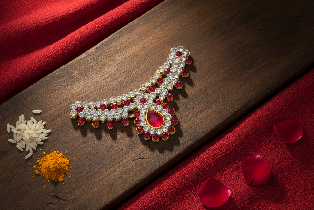 A gold and diamond necklace with red gemstone accents, styled on a dark wooden board with red fabric, rice grains, turmeric powder, and rose petals.