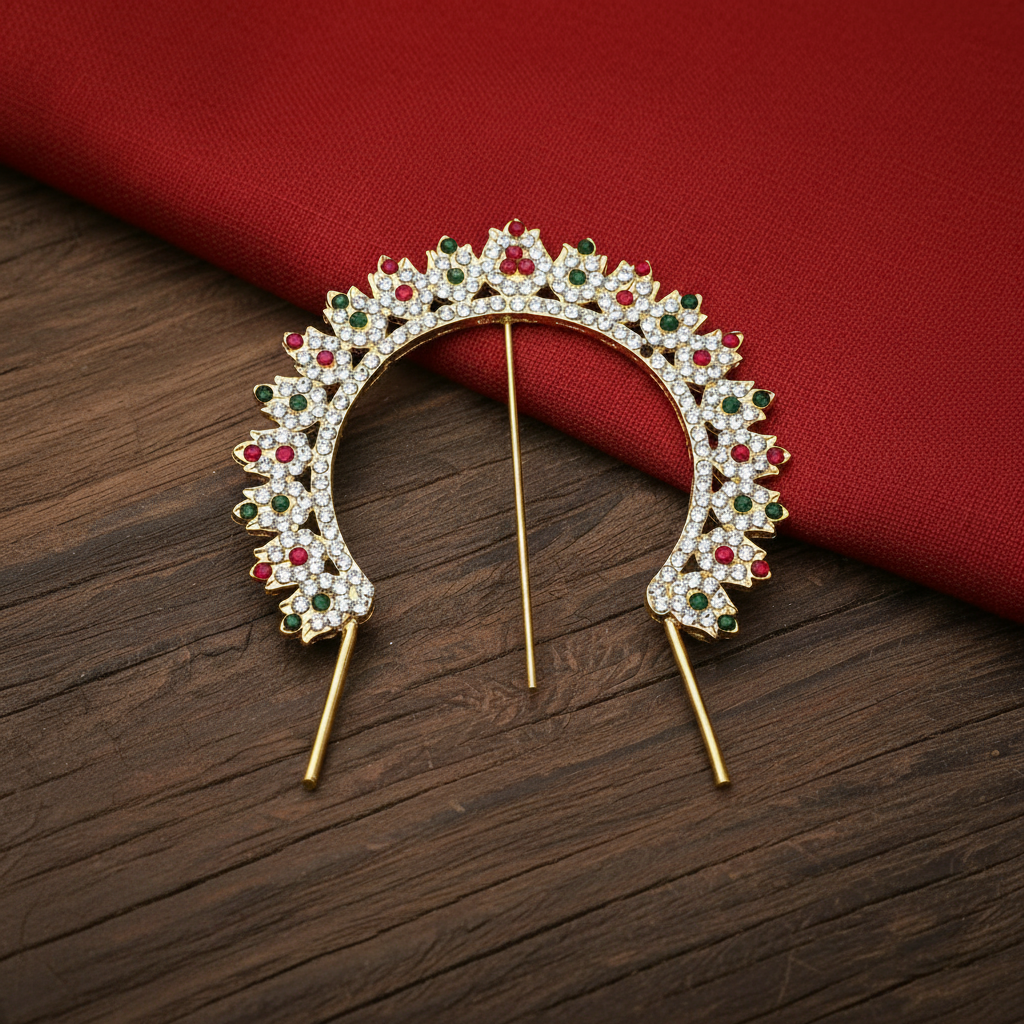 Gold U-shaped brooch decorated with clear crystals and red and green gemstones, displayed on a dark wood surface with a red fabric backdrop.