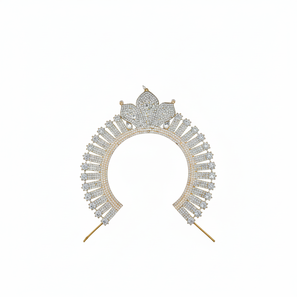 A gold crown-shaped headpiece adorned with rows of clear rhinestones, displayed on a dark gray gradient background.