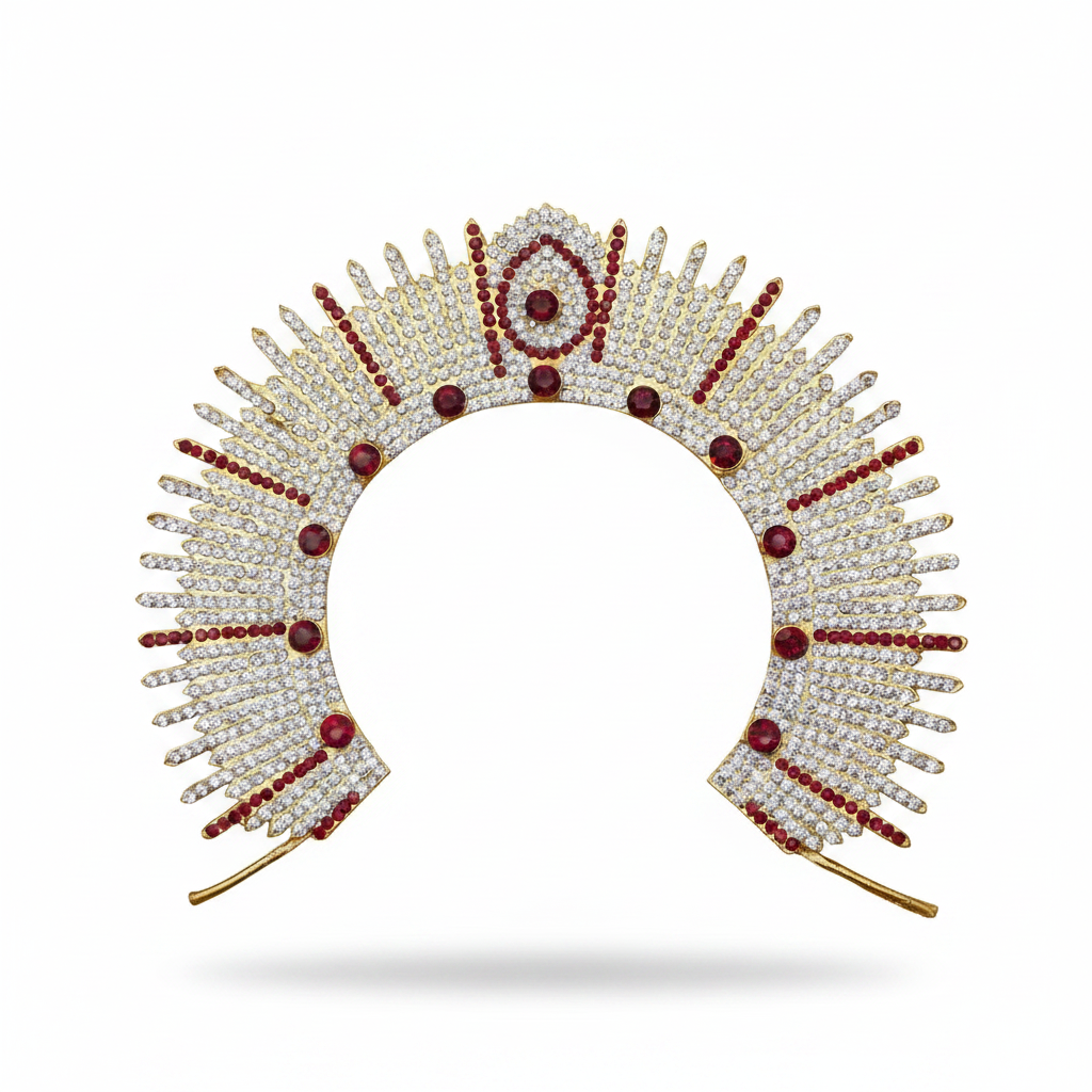 A gold crescent-shaped tiara or crown embellished with clear rhinestones and red gemstone accents, shown against a plain white background.