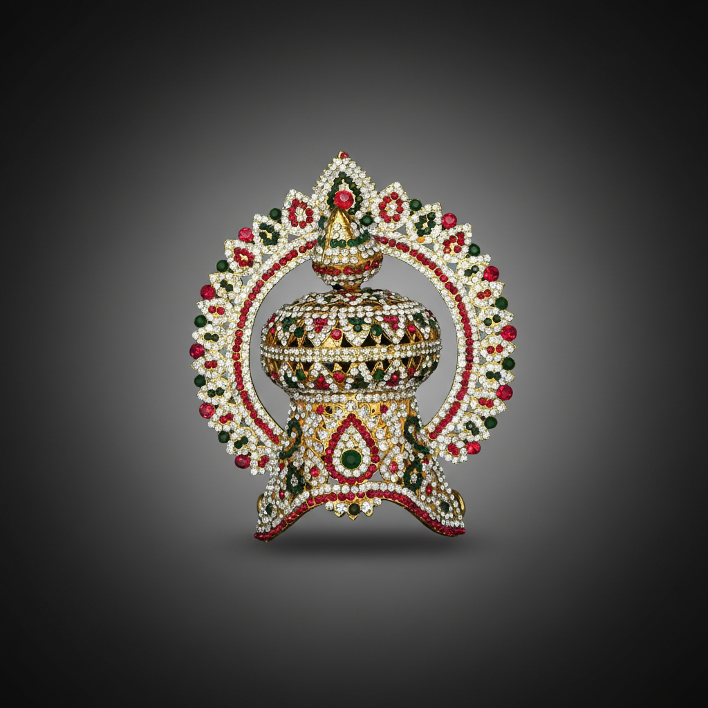 An ornate traditional Indian jewelry piece, likely a Kathakali or deity idol embellishment, featuring a detailed central figure surrounded by a large circular halo. The piece is heavily decorated with white pearls, red rubies, green emeralds, and gold-toned metal, set against a dark gray gradient background.