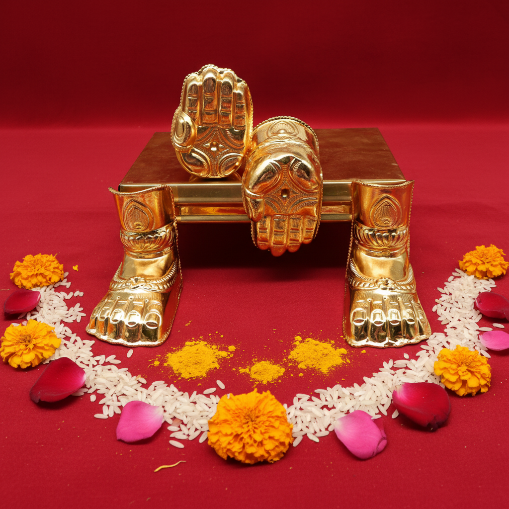 A set of gold-plated metal hands and legs figurines on a wooden surface.