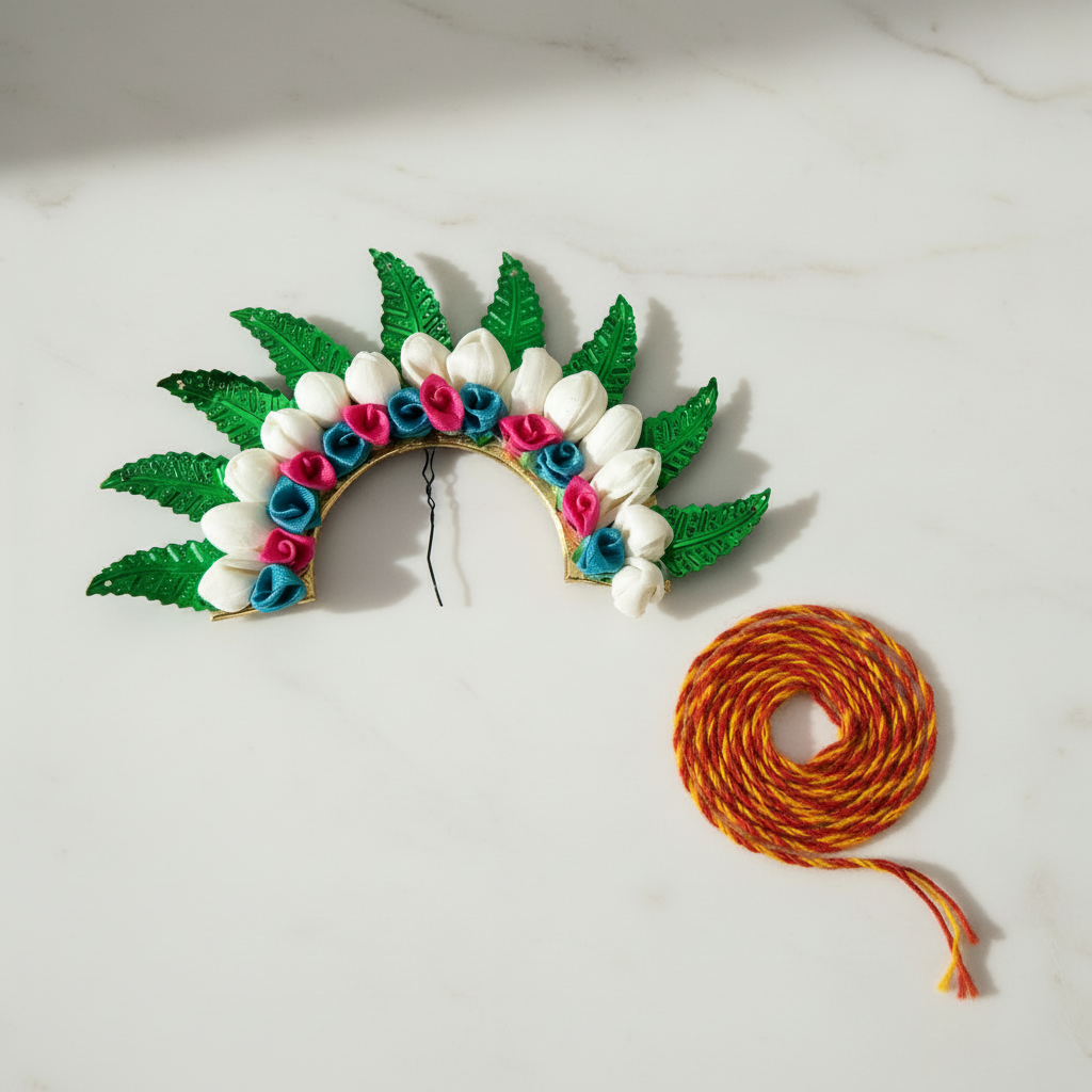 A decorative arched headband or crown with white faux flowers, pink and blue rose accents, and shiny green leaves on a dark gray background.