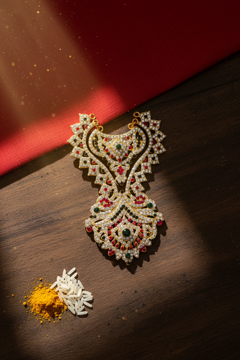 A multicolored stone necklace with a geometric pattern against a red background, likely used for adorning goddess statues or as a decorative item.
