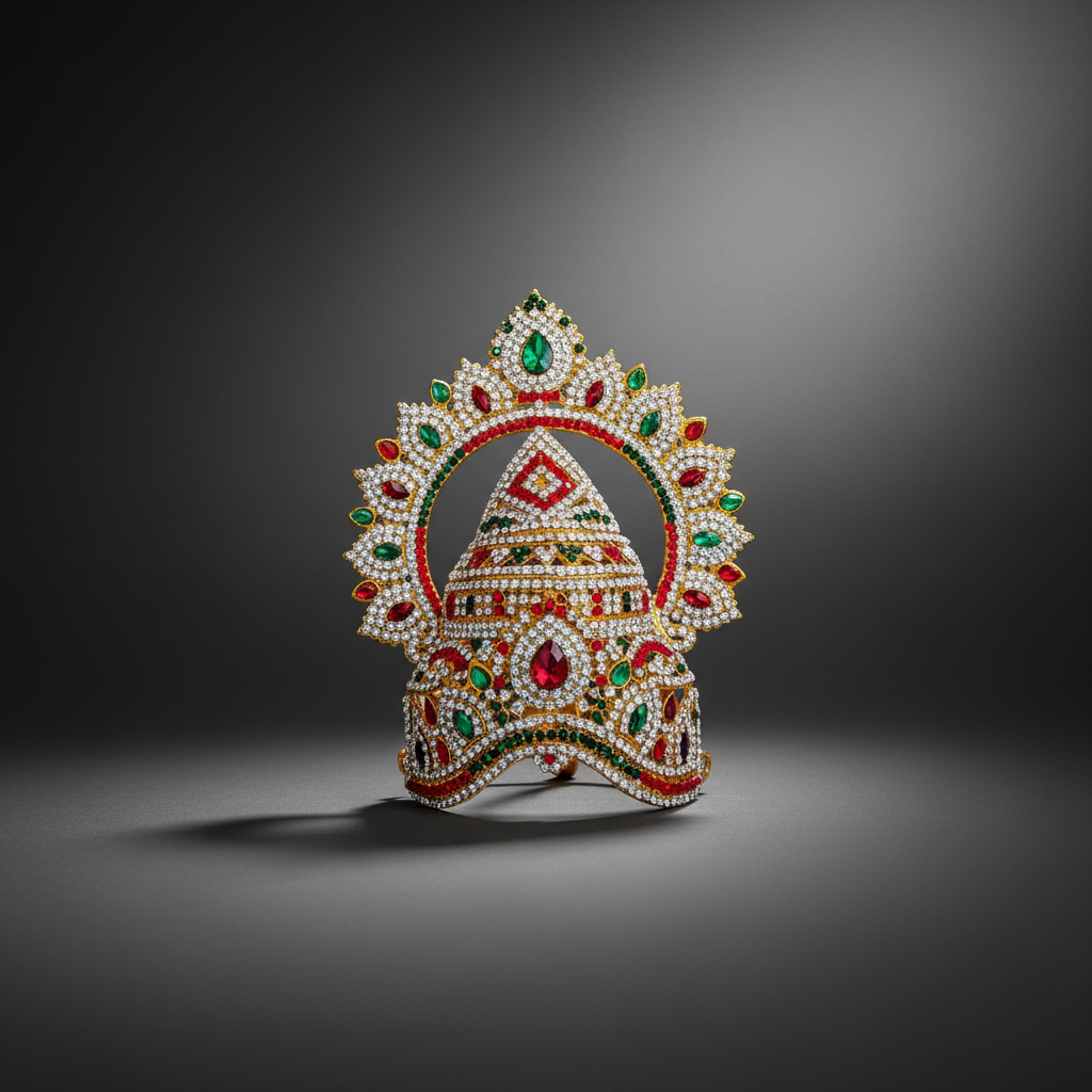 A colorful stone kirita with an arch design, decorated with multiple stones and metal casing, displayed on a green and white background.