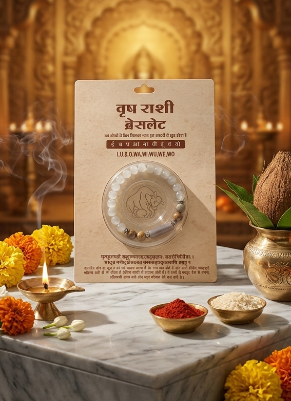 Collage of a traditional offering with a decorative card and items on a table.
