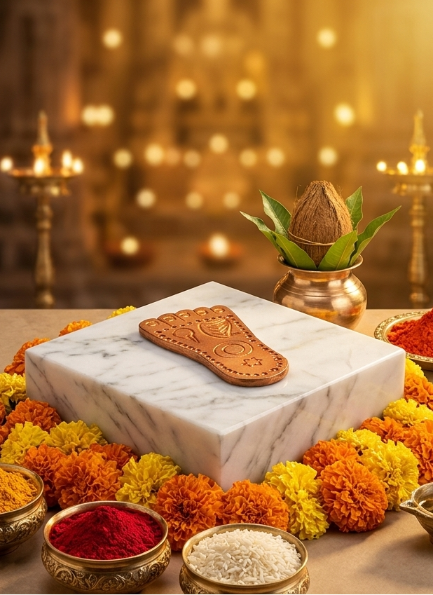 Decorative setting with maroon sandals, flowers, andSVASTI branding in a warm, blurred background.